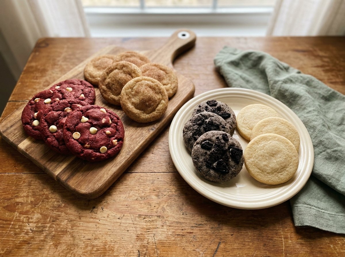 An assortment of red velvet, cookies and cream, snickerdoodle and sugar cookies
