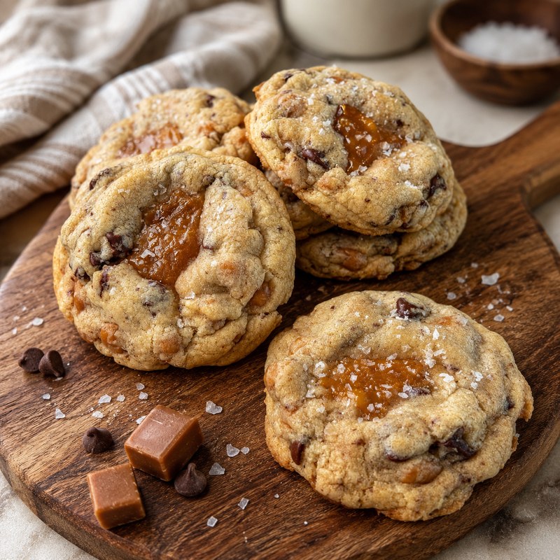 Salted caramel cookies on a wooden board